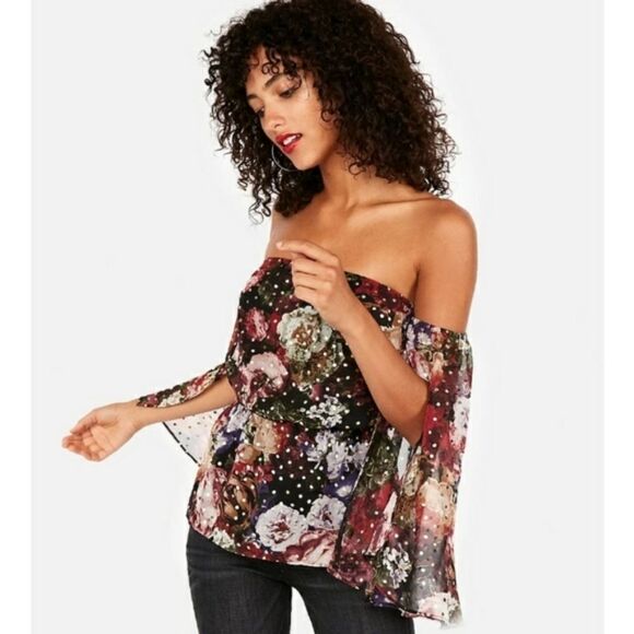 Express size small Floral red pink gold polka dot Off shoulder split sle… - Picture 7 of 8